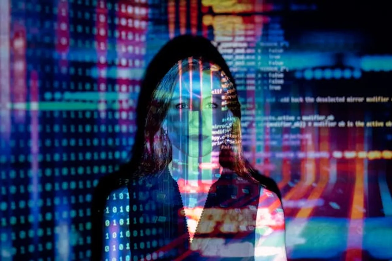 a woman with a blurry image of a screen