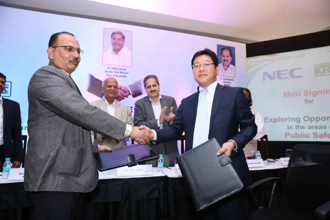 L to R Mr Subhash K Malkhede MD Keonics Mr SR Patil Minister for Planning IT BT and ST Mr UB Venkatesh Chairman Keonics Mr Koichiro Koide Managing Director NEC India
