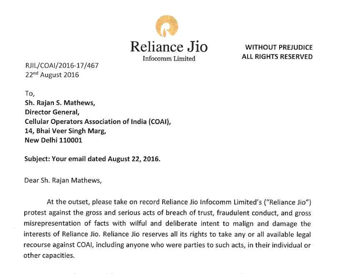 RJio Letter to COAI e