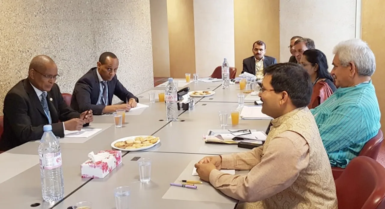 The Minister of State for Communications (Independent Charge) and Railways,Manoj Sinha in a bilateral meeting with the Ethiopian Minister of Communications and IT, Dr. Debretsion Measho, on the sidelines of the WSIS Forum-2017, at Geneva, Switzerland
