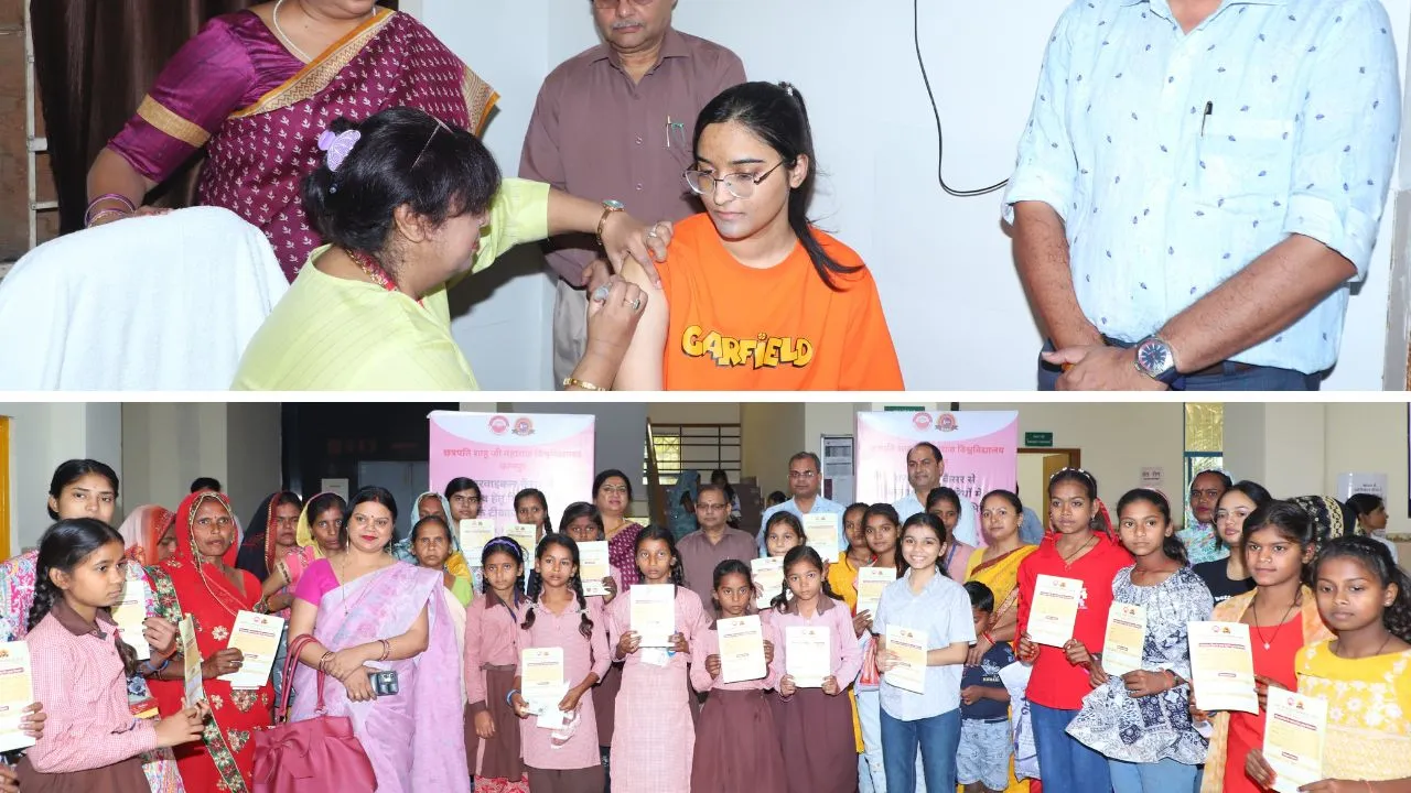 विश्वविद्यालय में लगाए गए किशोरियों को टीके (ऊपर) और कार्यक्रम में मौजूद लोग (नीचे)।