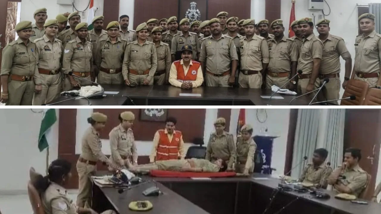  प्रशिक्षण में मौजूद पुलिसकर्मी और डेमो के जरिये सिखाए गए बचाव के तौरतरीके। 