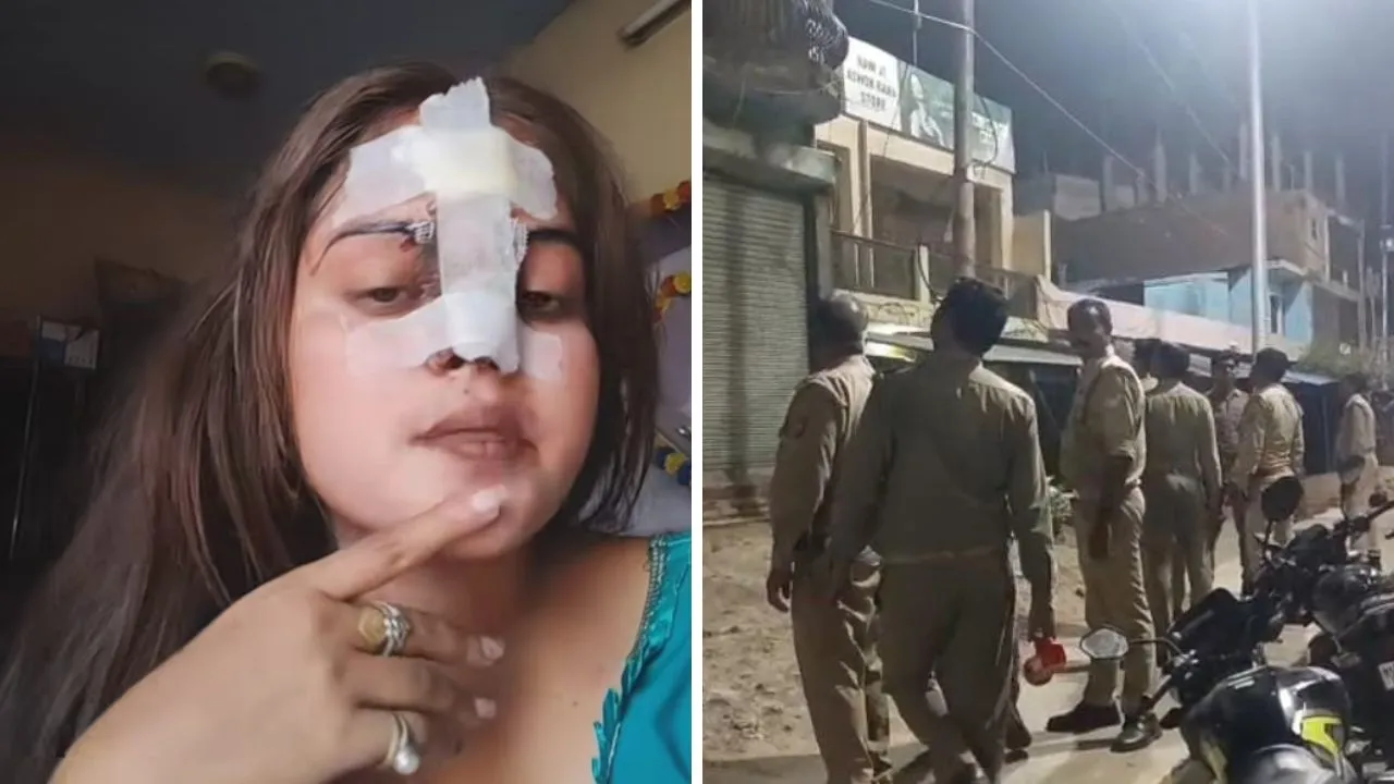 तमंचे की बट से घायल महिला और मौके पर मौजूद पुलिस।