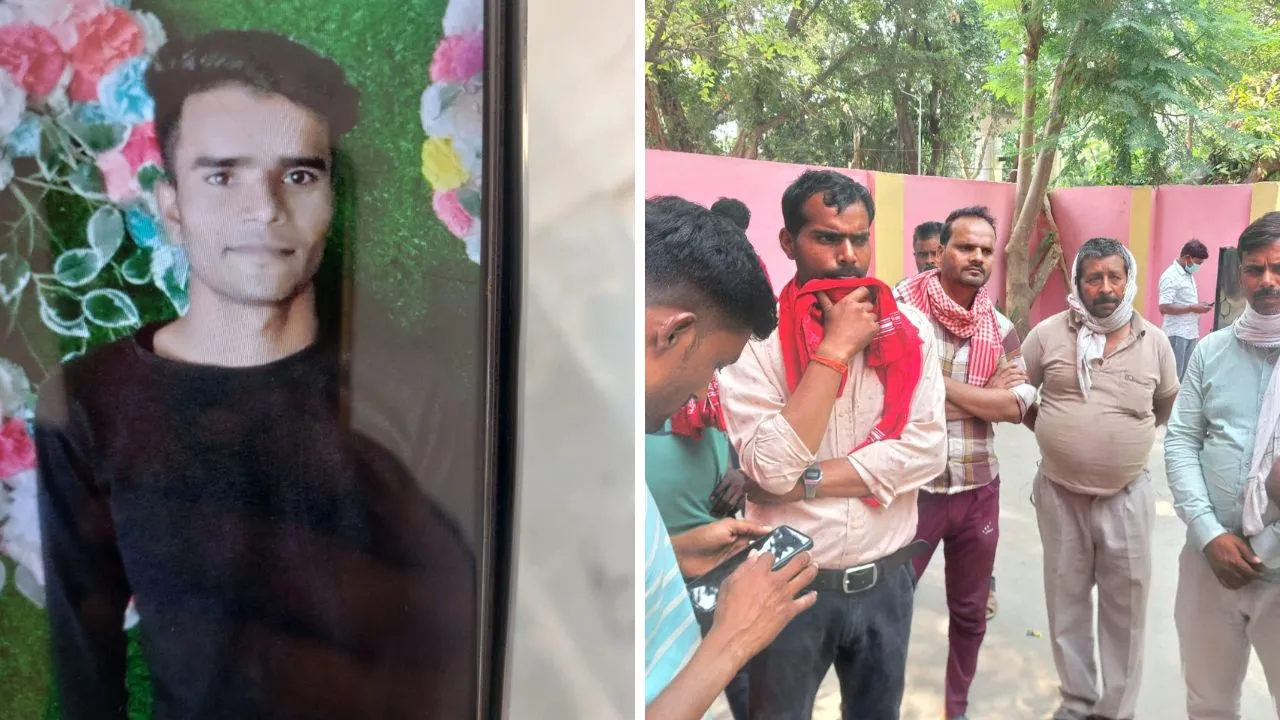 संदीप गौतम का फाइल फोटो और पोस्टमार्टम हाउस पर दुखी परिजन।