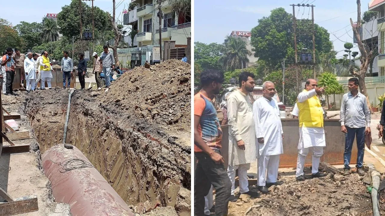 पाइप लाइन डाले जाने का निरीक्षण करने के बाद हिदायत देते विधायक सुरेंद्र मैथानी।