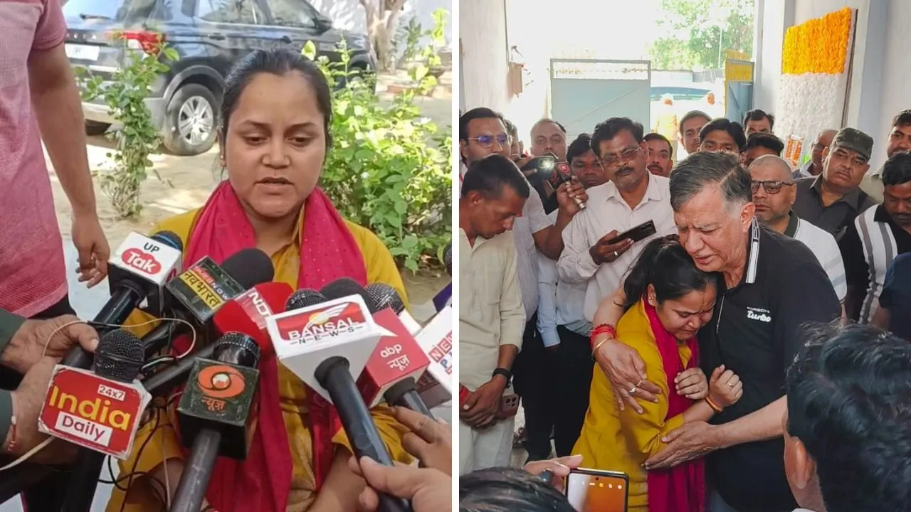 आपरेशन सिंदूर पर खुशी जतातीं एशन्या। इस दौरान विधानसभा अध्यक्ष सतीश महाना से लिपटकर रो पड़ीं एशान्या। 