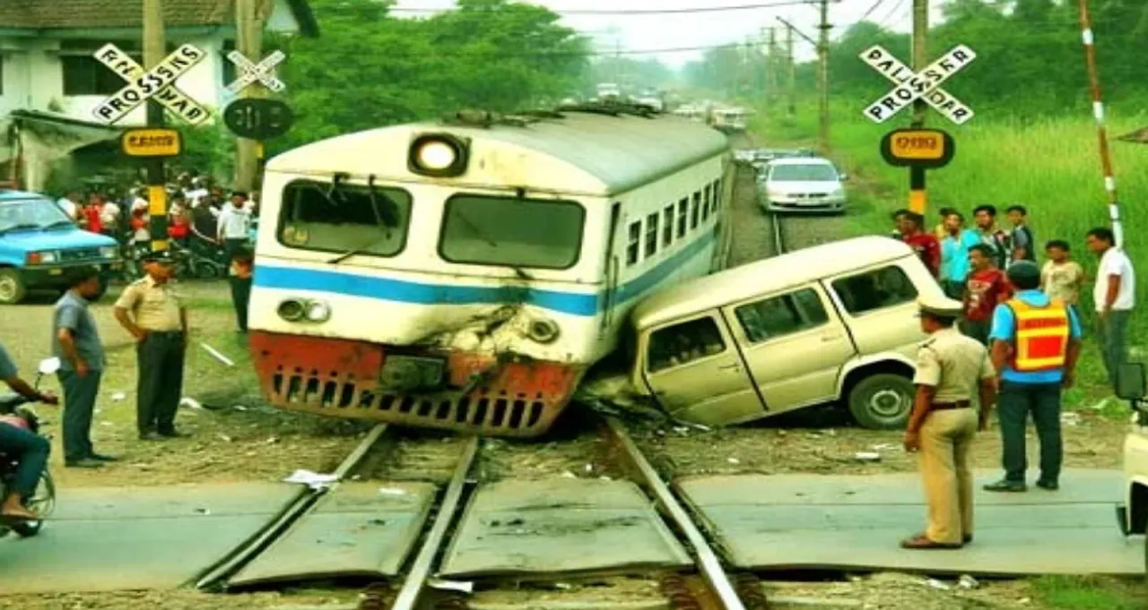 स्थित रेलवे क्रॉसिंग गेट