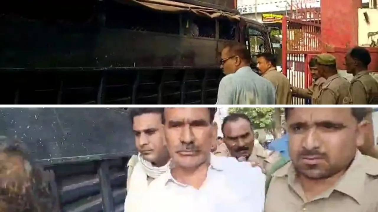 थाना चकेरी लाई गई पुलिस की खराचकेरी थाने ले जाया जा रहा रेप का आरोपी नवाब सिंह।चकेरी थाने ले जाया जा रहा रेप का आरोपी नवाब सिंह।ब हुई गाड़ी।