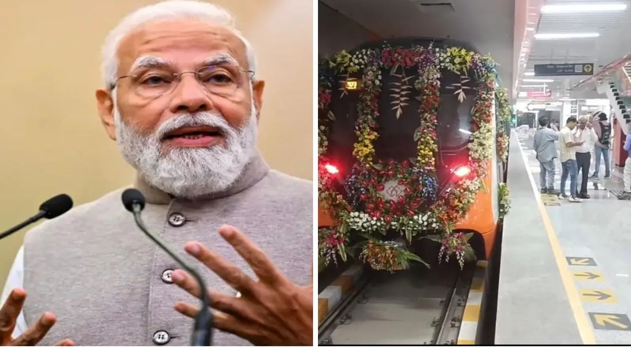 प्रधानमंत्री नरेंद्र मोदी और मेट्रो स्टेशन।