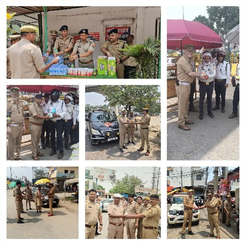 Noida police providing cold drinks to the personnel