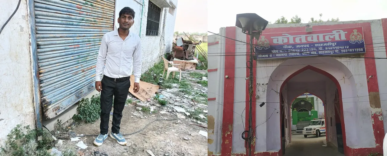 Manager Suresh Kumar showing the broken shutter after the theft at the Instacart warehouse in Maujampur village.