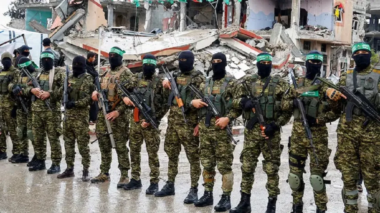 Hamas militants stand guard in Rafah in the southern Gaza Strip
