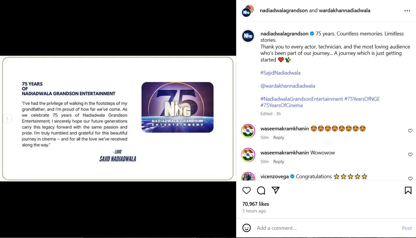 Nadiadwala Grandson Entertainment celebrates 75 years