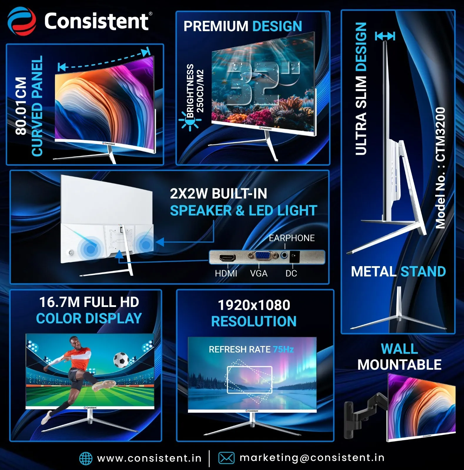 Consistent Unveils 32-Inch Curved LED Monitor with Frameless Design and Immersive Display