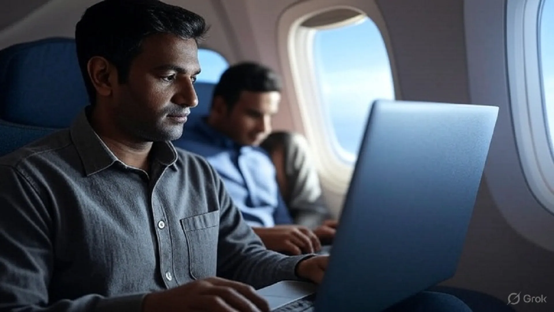 man working on laptop in flight 2