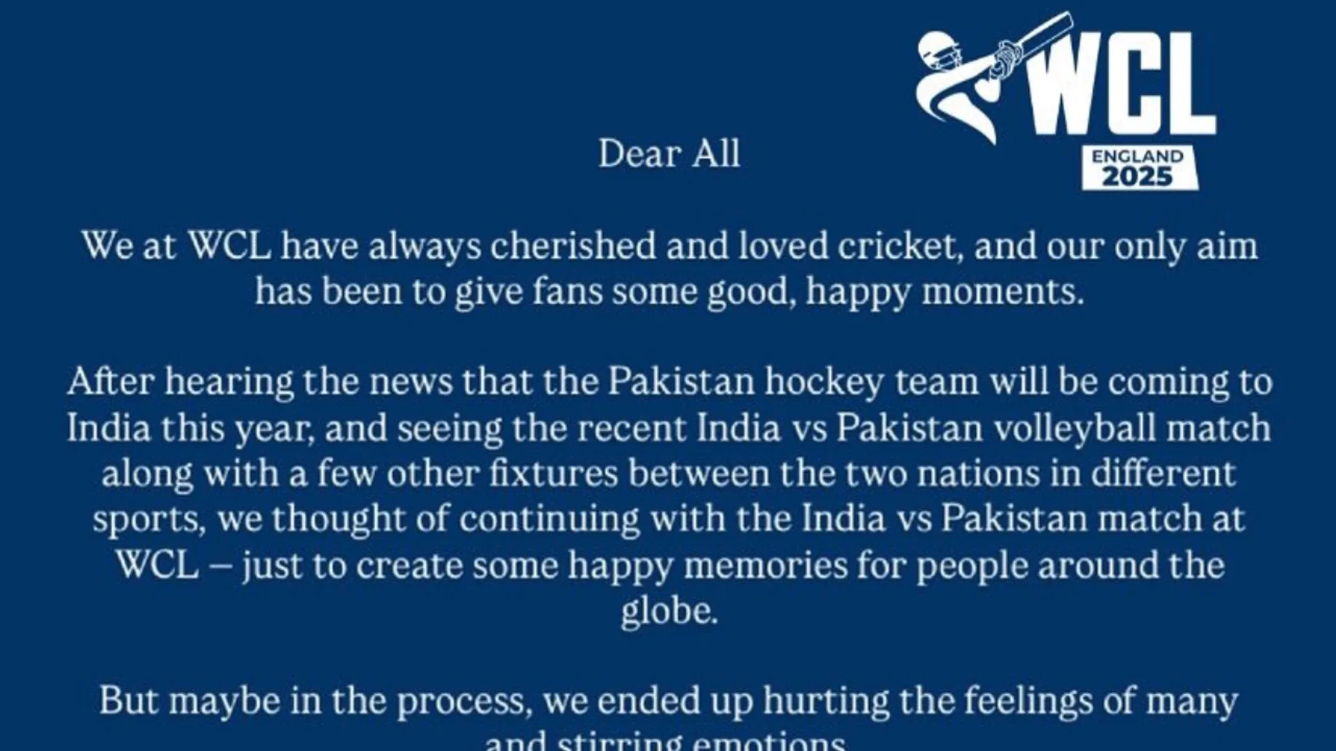 IND VS PAK MATCH CANCELLED AFTER LEGENDS WITHDRAW NAME WCL APPOLOGISED
