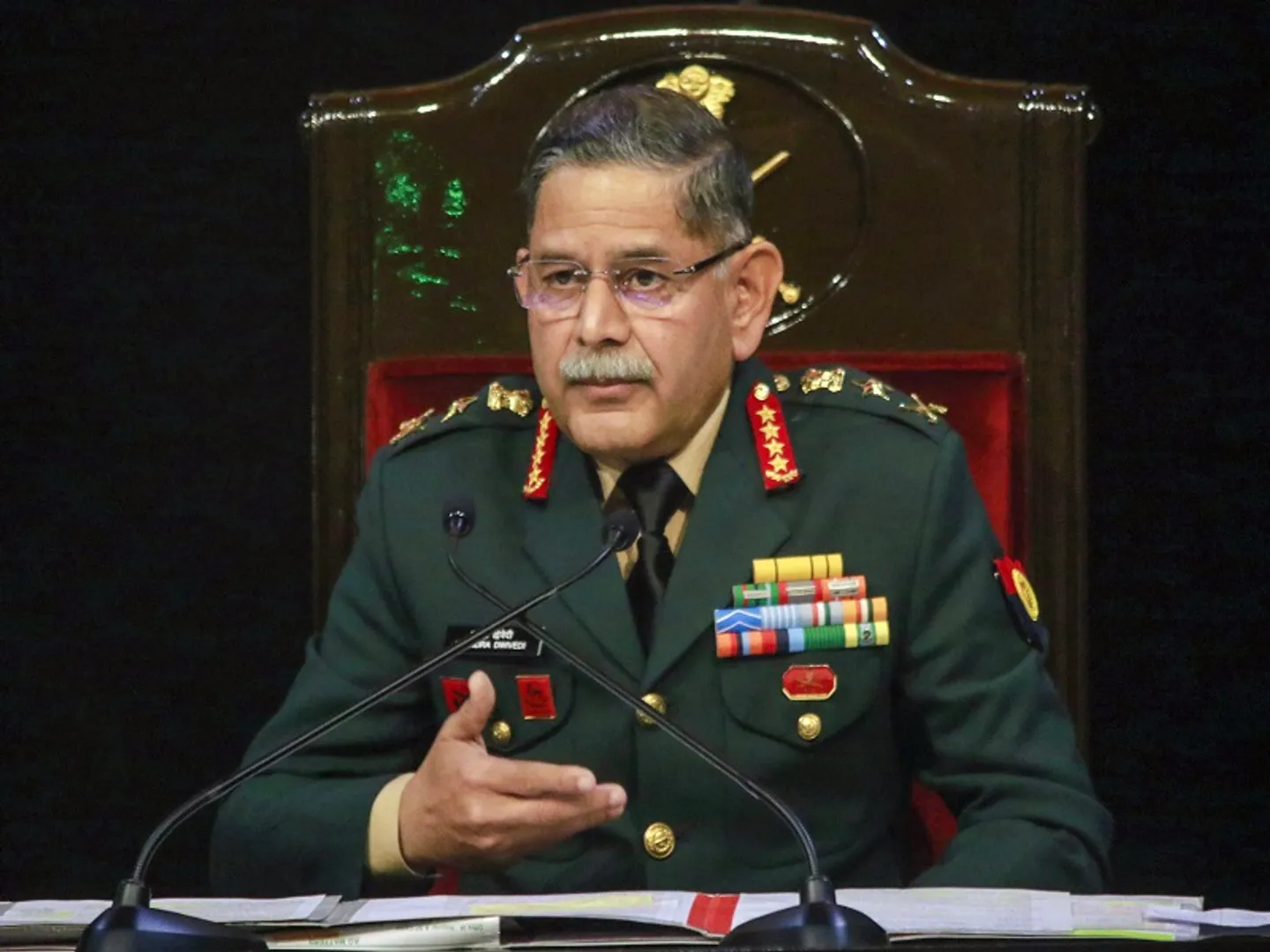 New Delhi: Army Chief General Upendra Dwivedi addresses the annual press conference at the Manekshaw Centre in New Delhi on Monday, January 13, 2025. (Photo: IANS)
