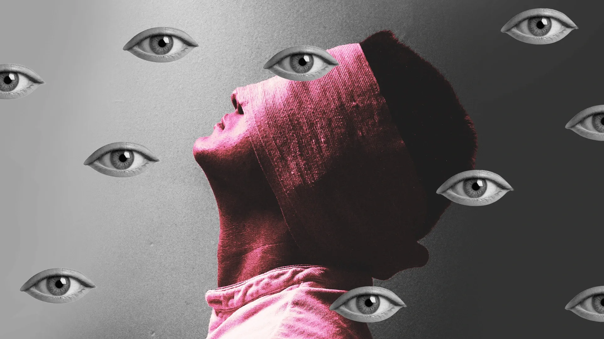  A picture of a man's head wrapped in tape with eyeballs on him reflecting the victim mindset 