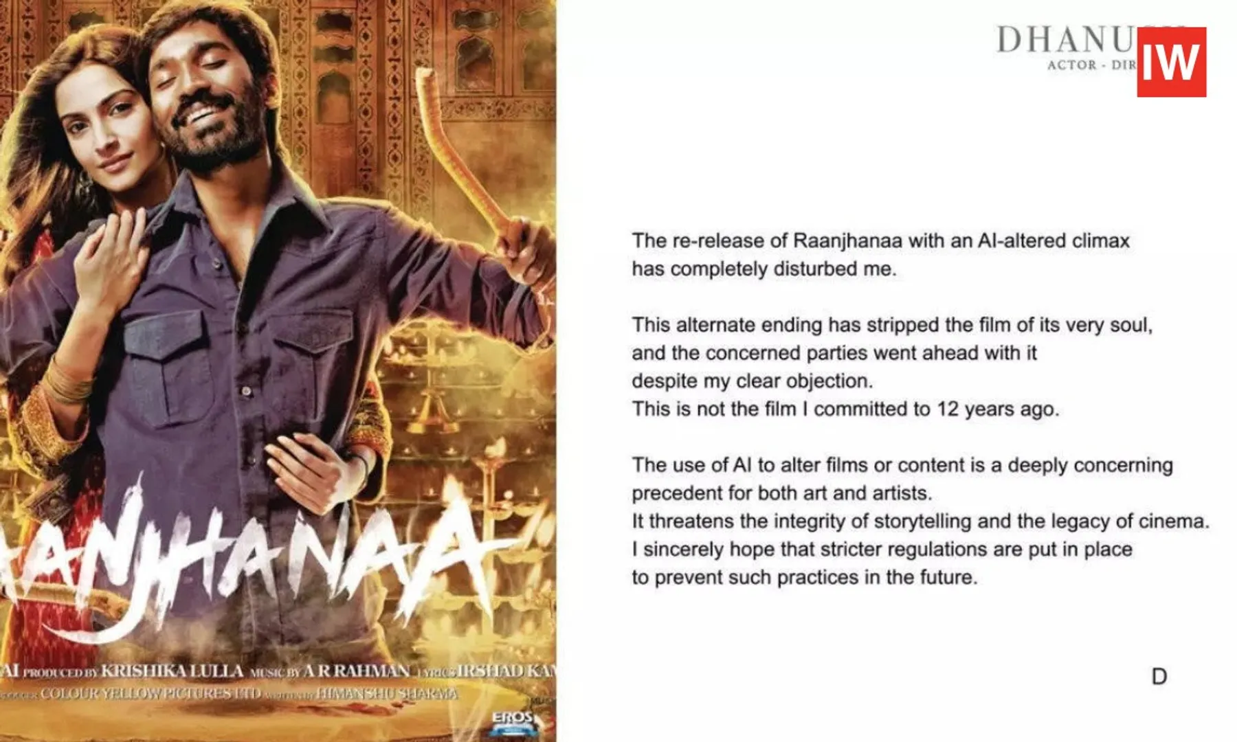Dhanush-Calls-AI-Edited-Raanjhana-Ending-a-Betrayal-Eros-Disputes-Claims-of-Prior-Objection