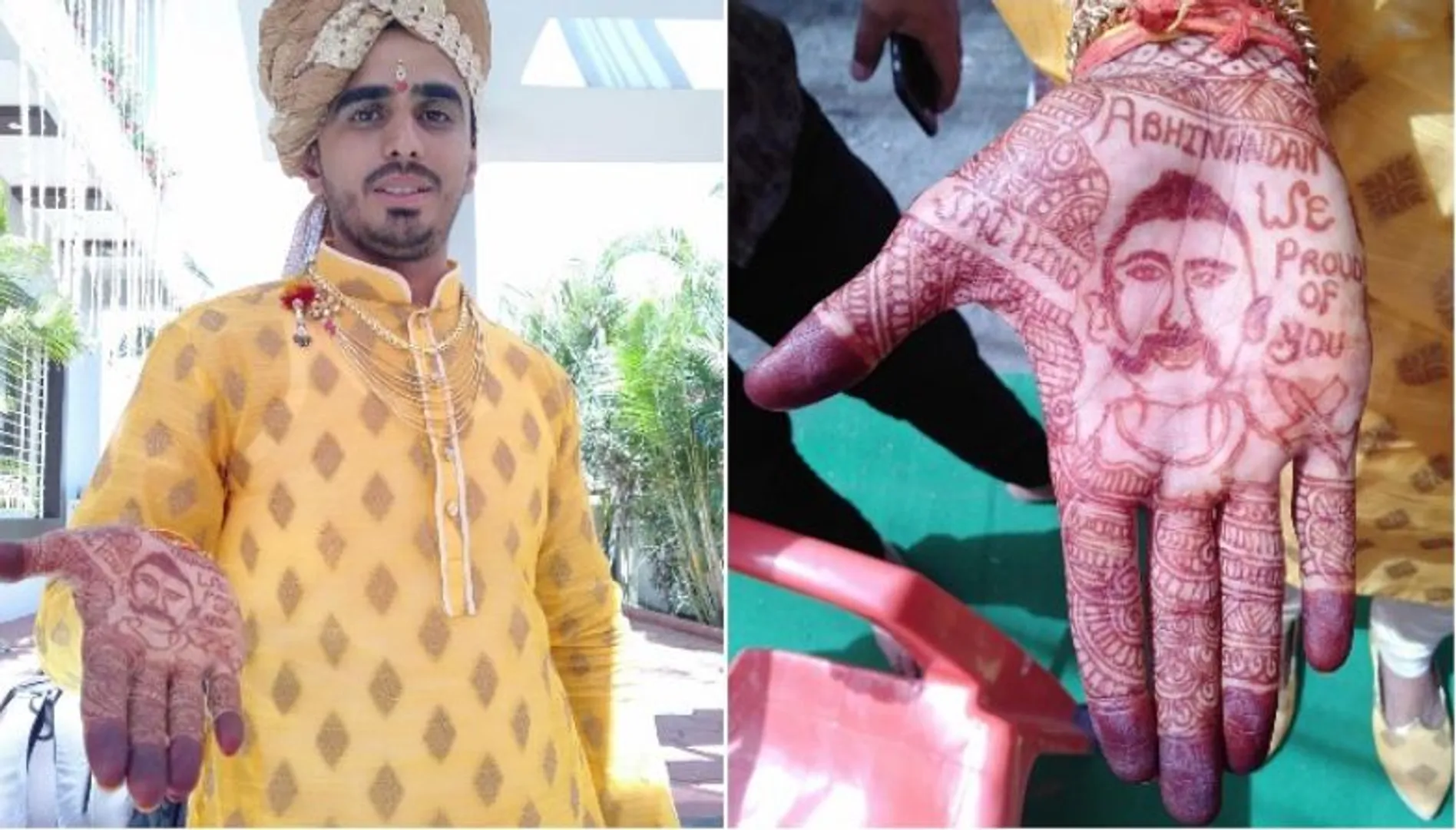 କେବଳ ନିଶ ନୁହେଁ ମେହେନ୍ଦୀ ମାଧ୍ୟମରେ ମଧ୍ୟ ଅଭିନନ୍ଦନଙ୍କୁ ଦିଆଗଲା ସଲାମି ! କନ୍ୟା ନାମ ବଦଳରେ ଅଭିନନ୍ଦନଙ୍କ ନାଁର ମେହେନ୍ଦୀ ଲଗାଇଲା ବର ।   