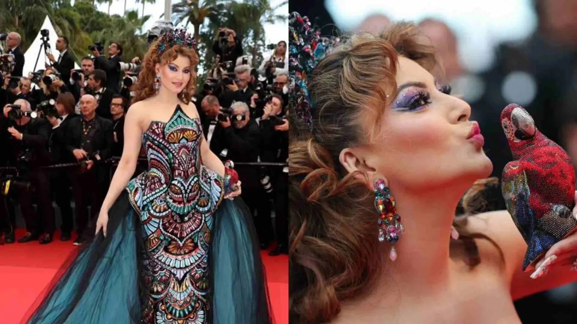 Urvashi Rautela royal charm at Cannes 2025 Parrot Clutch became the center of attraction