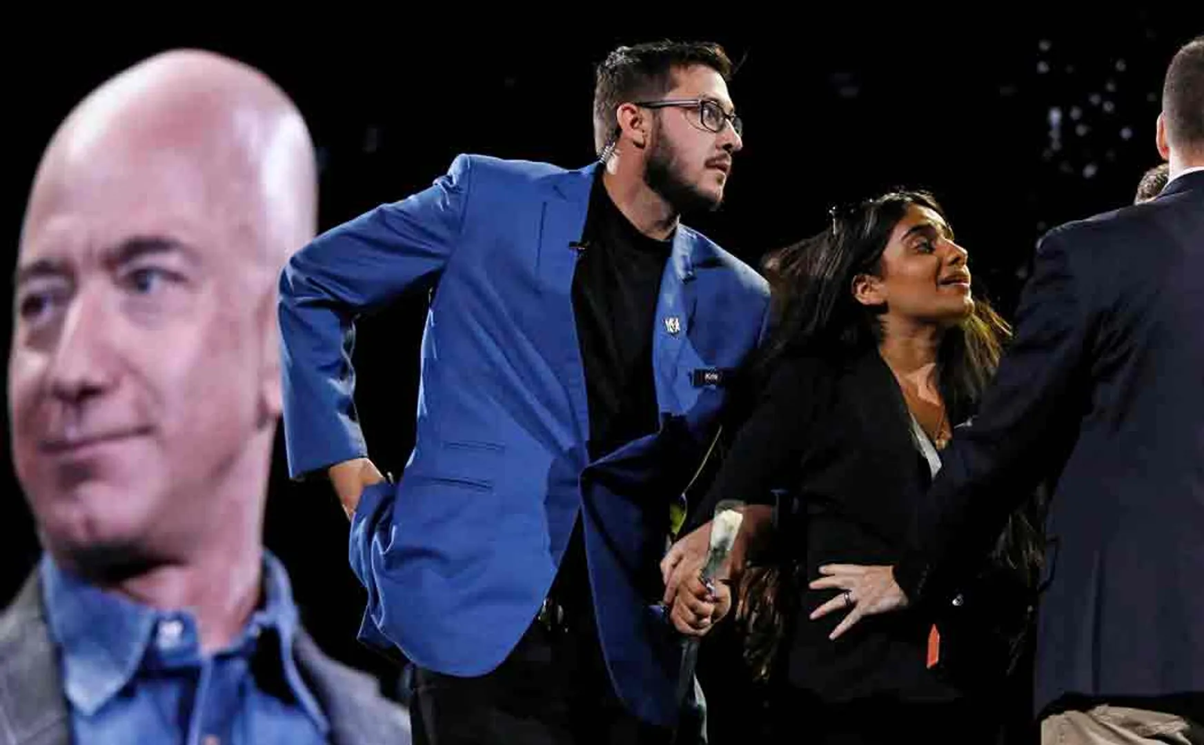 indian woman arrested on stage for questioning jeff bezos about slaughtering