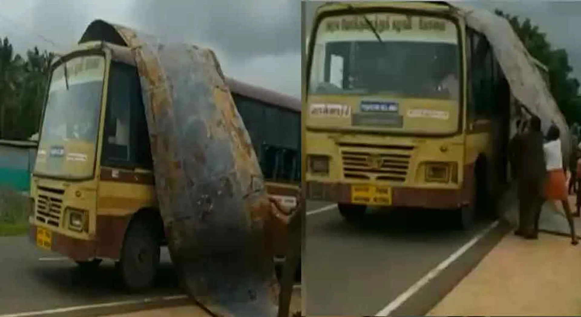 The govt bus roof  fall on the road