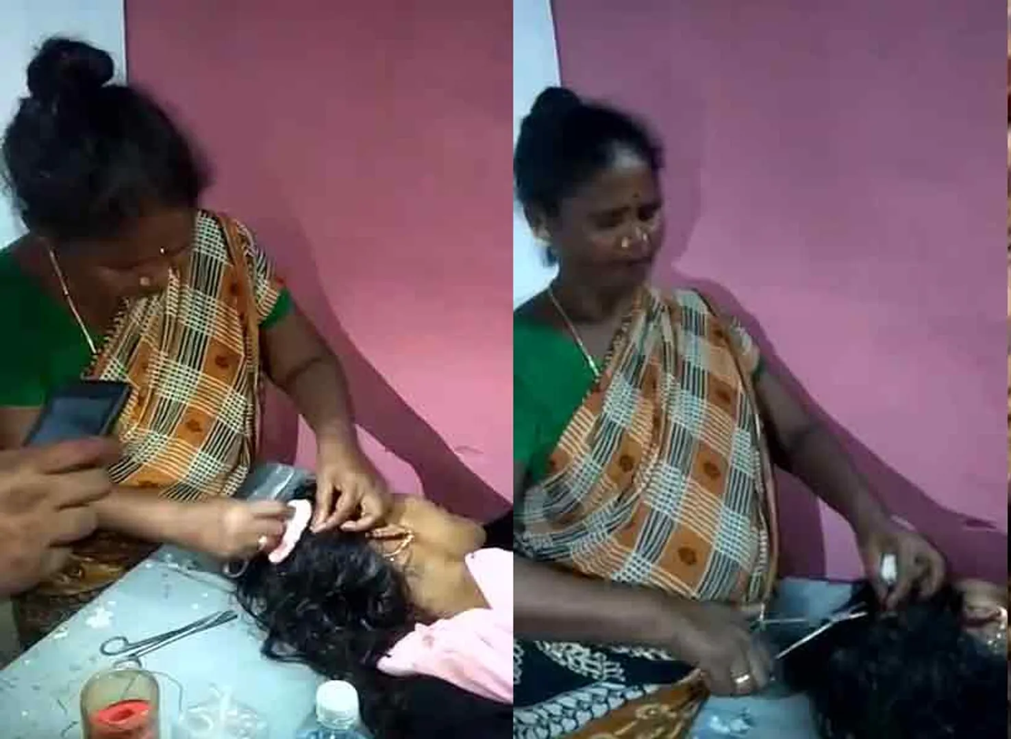 A cleaning worker do a head stitch in govt hospital 