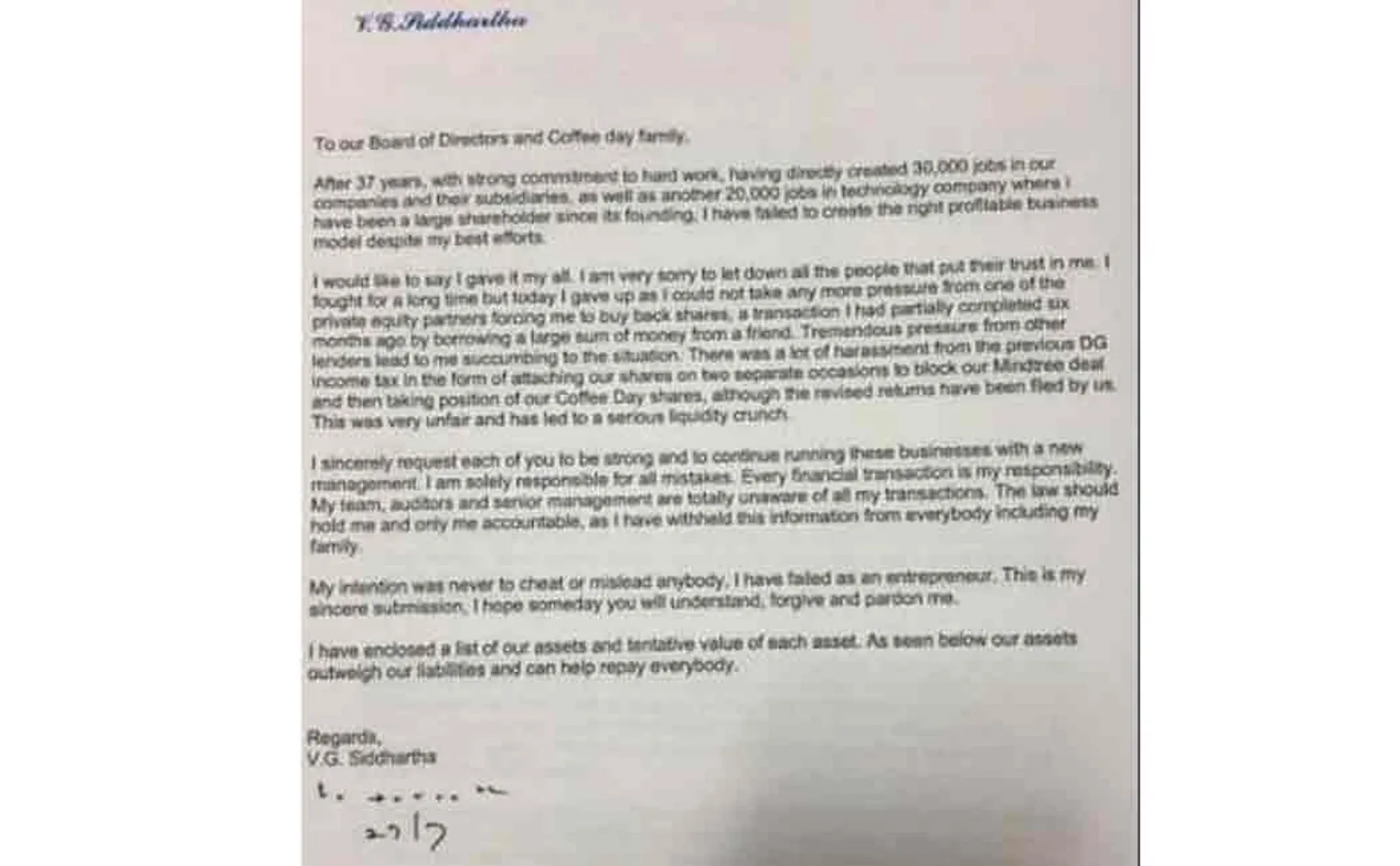 coffee day cafe owner siddhartha's letter recovered after he went missing