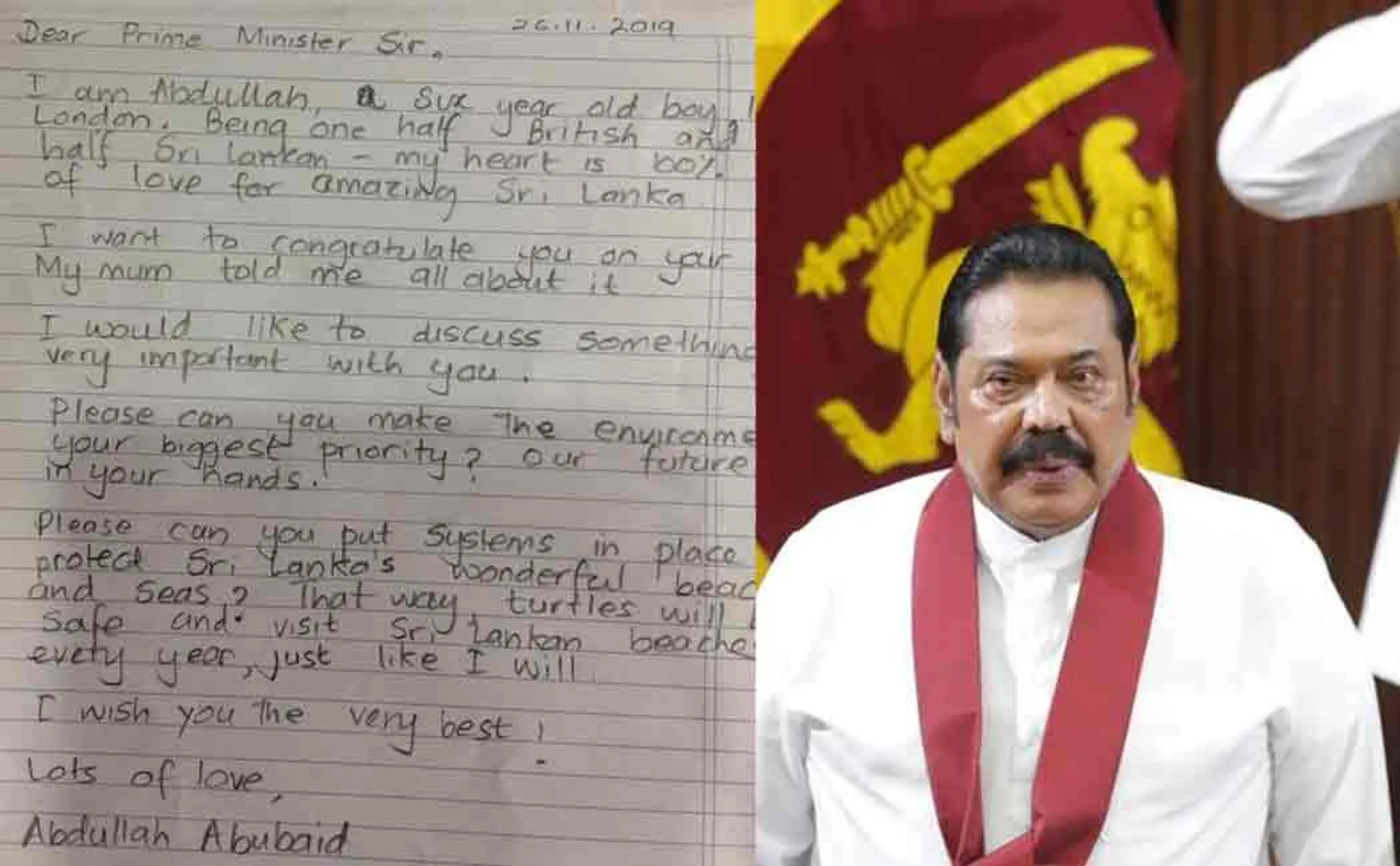 6 year old boy letter to mahinda rajapkse