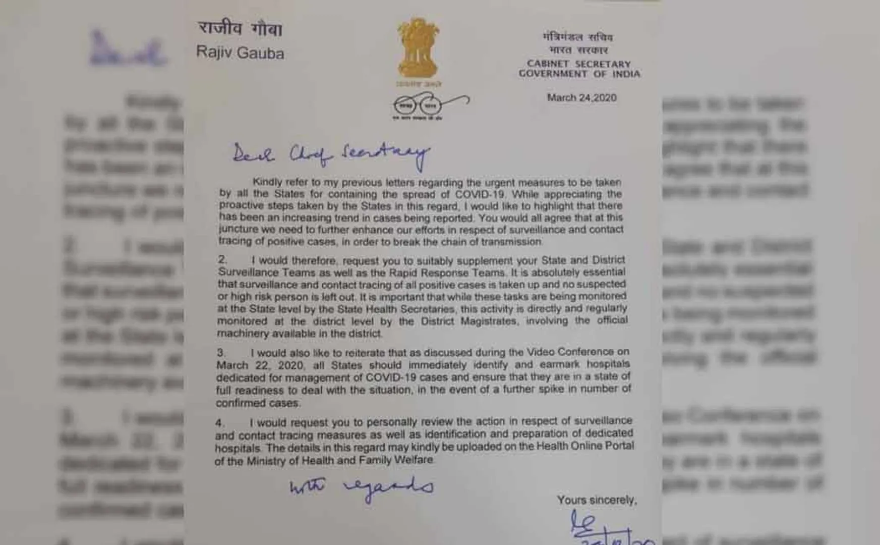 Union Cabinet Secretary writes to Chief Secretaries of States