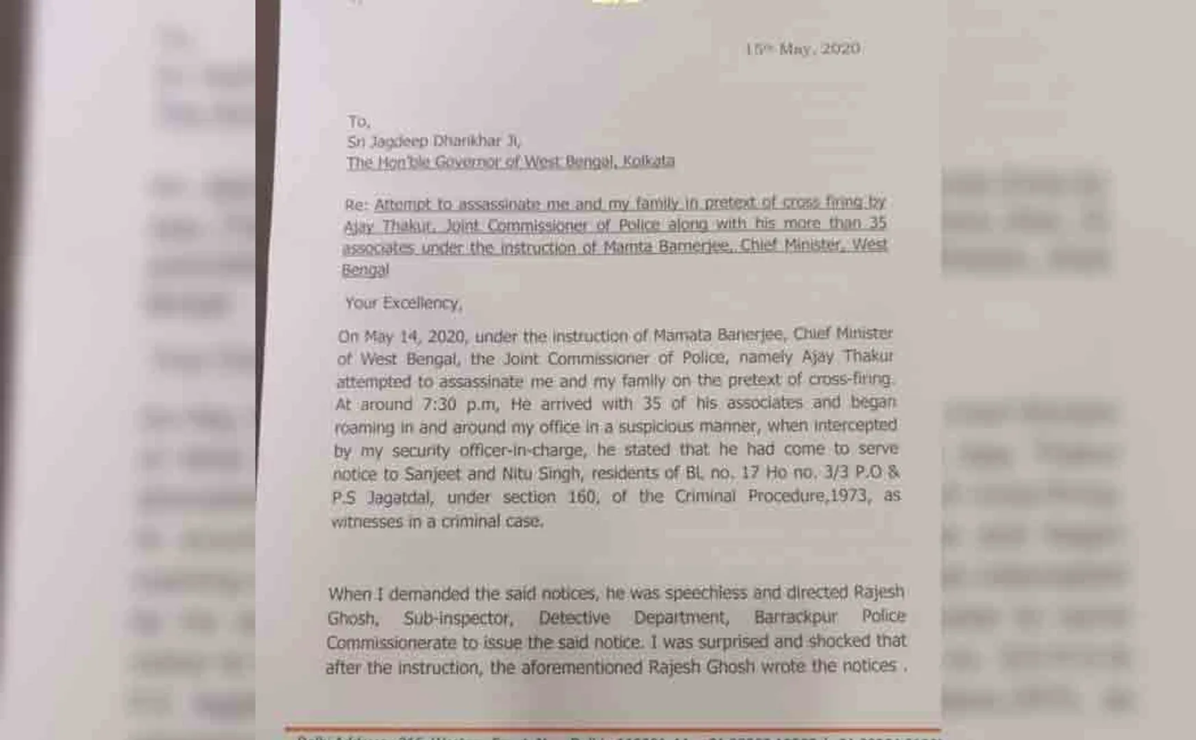 west bengal bjp mp letter to governor