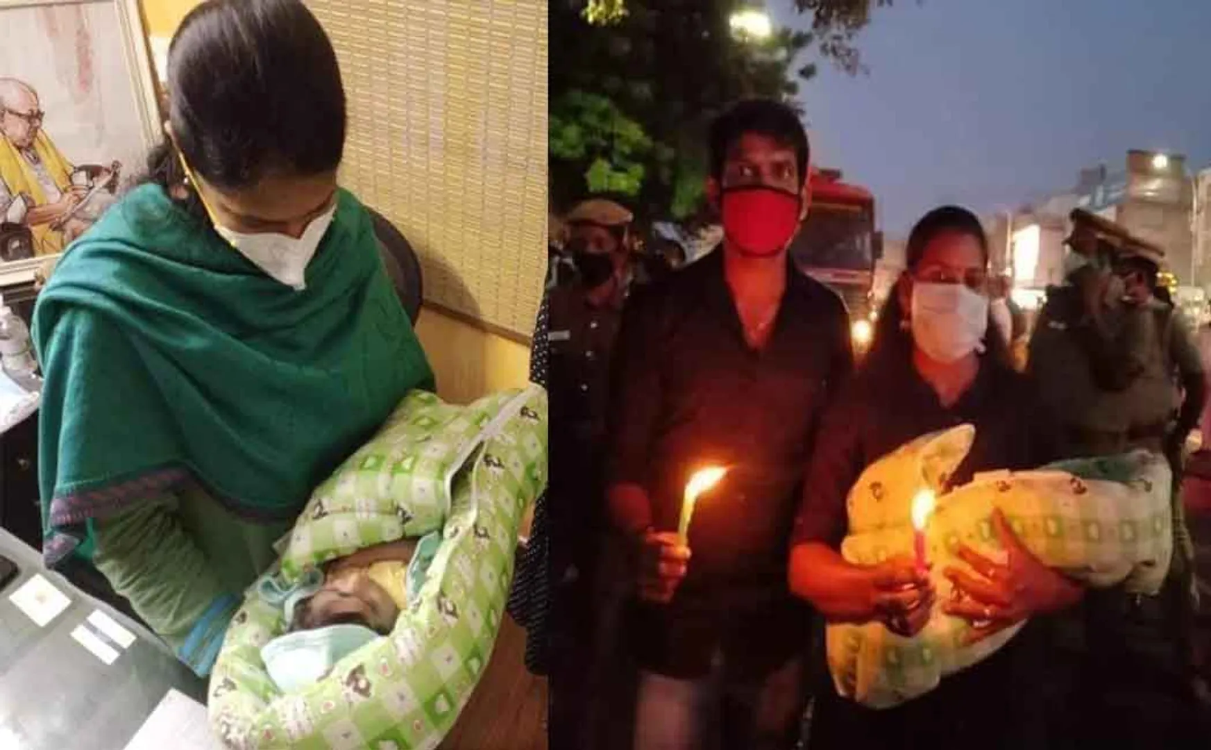 The couple- who participated- in the rally- with the- baby -Kanimozhi MP -who invited- them in -person