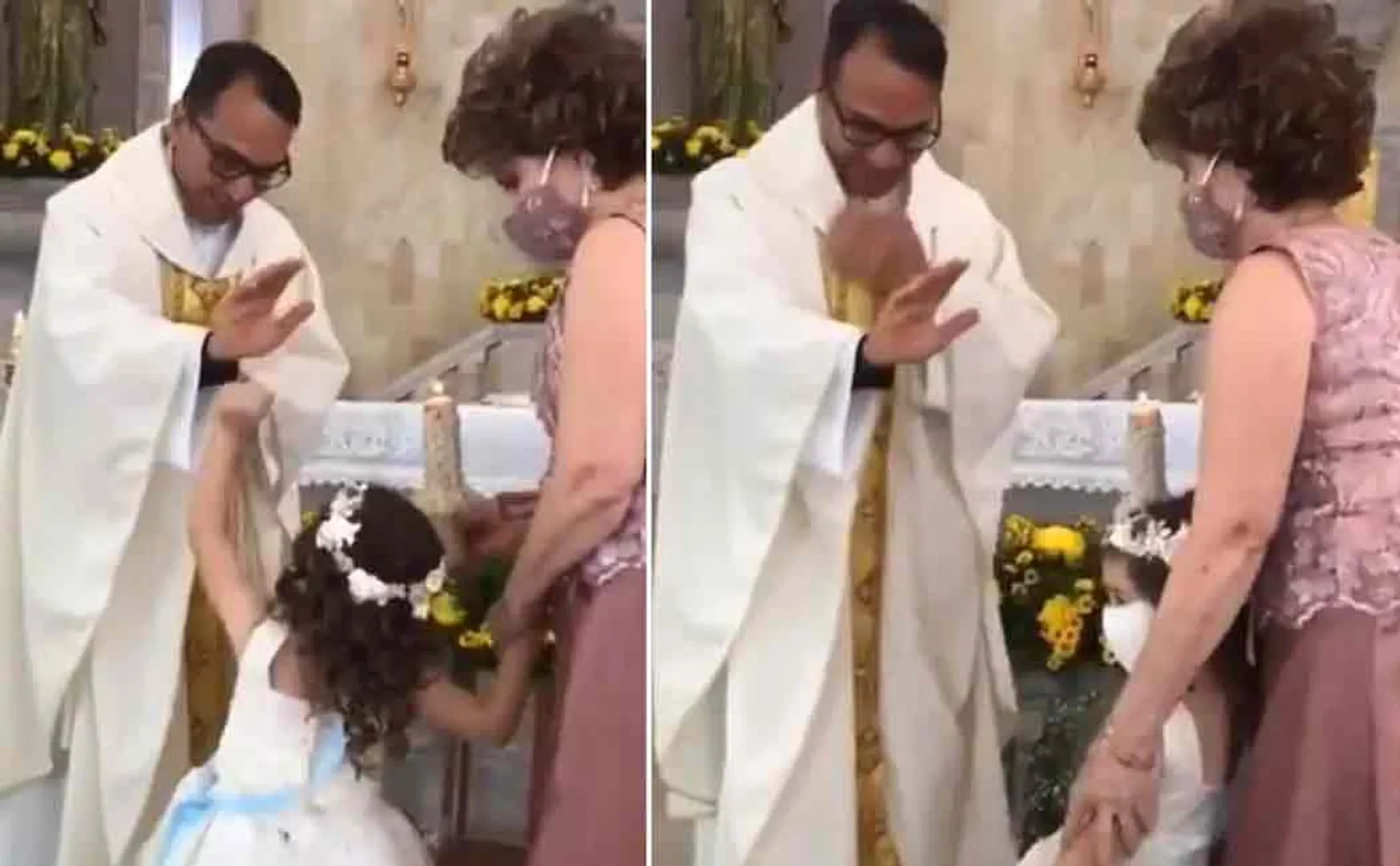 kid gives highfive to priest in church