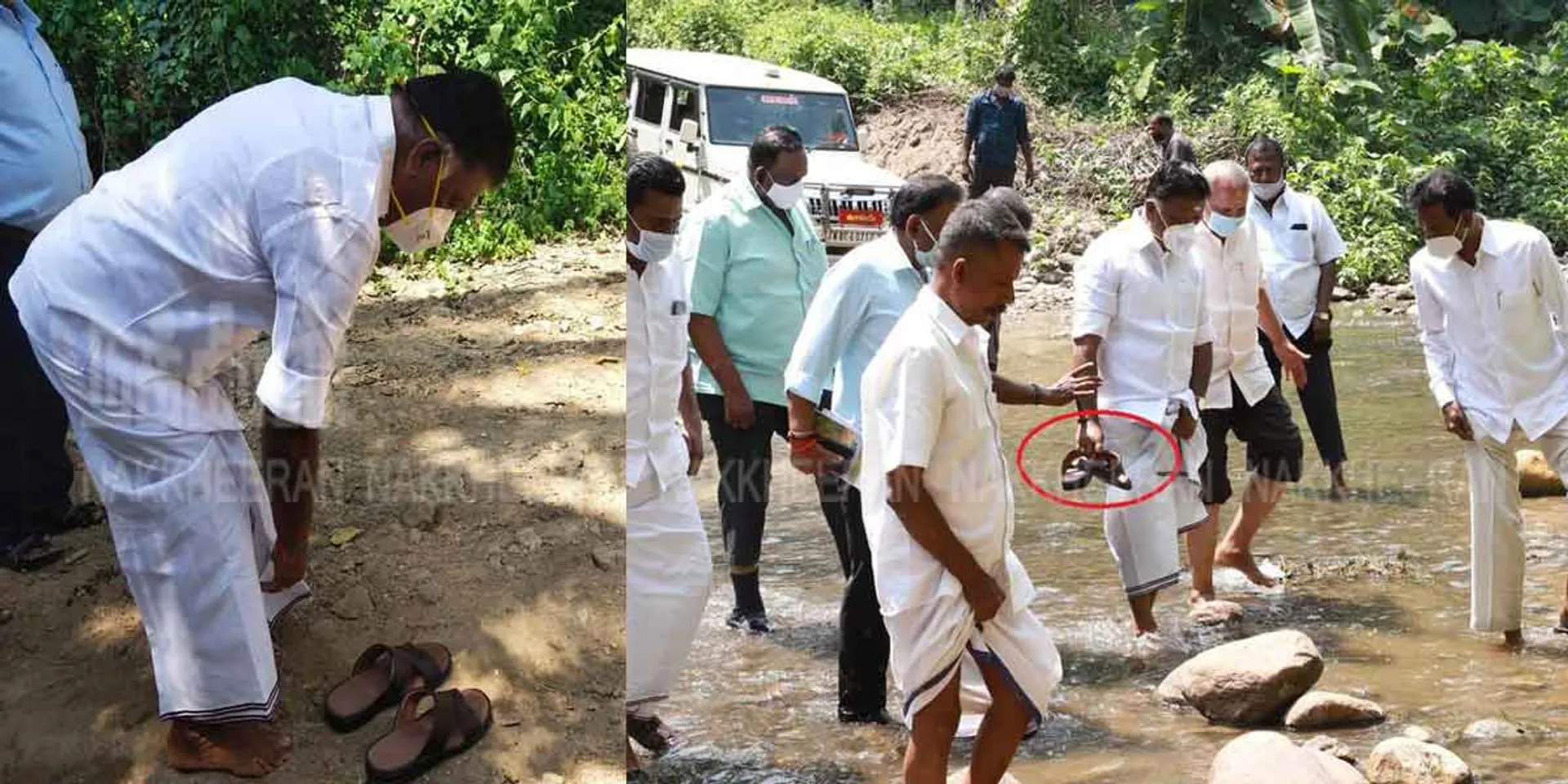 ஆய்வின்போது செருப்பை கையில் தூக்கியபடி நடந்த ஓ.பி.எஸ்.!-ஆற்றின் புனிதம் காப்பது இயல்பாம்!  