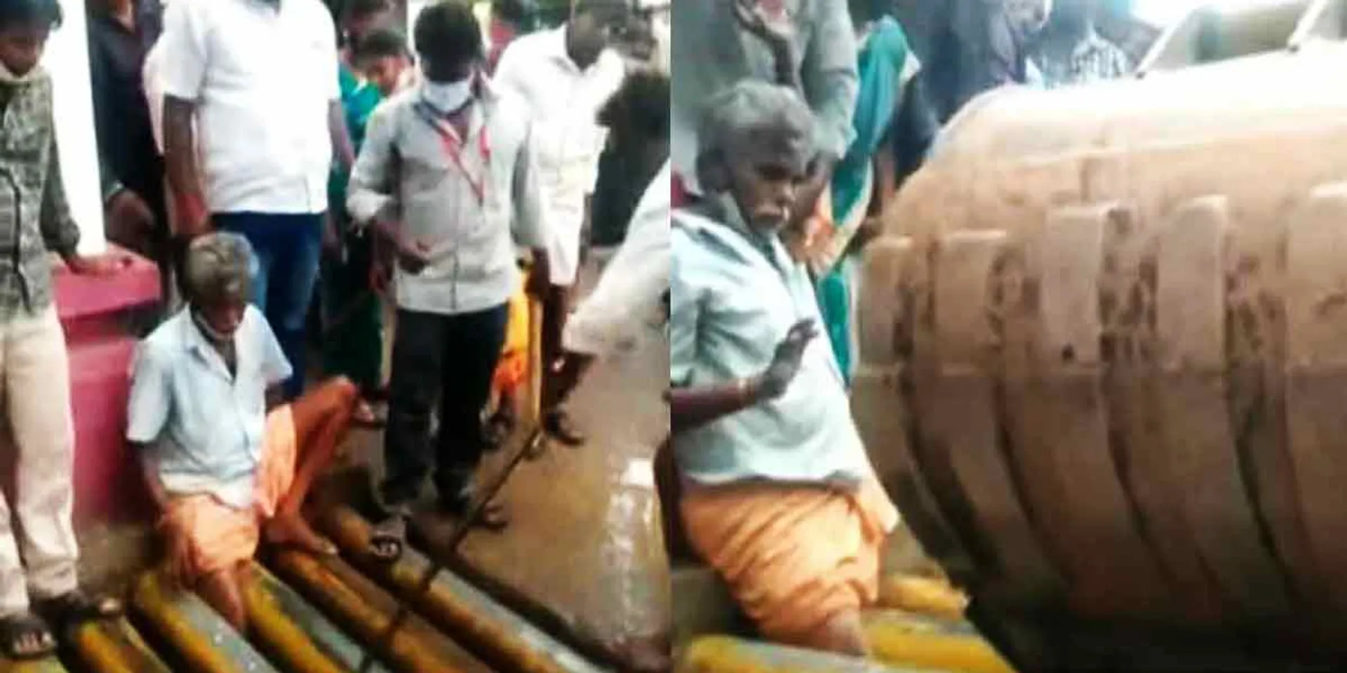 The old man trapped in the iron pipe path at the entrance to the collector complex