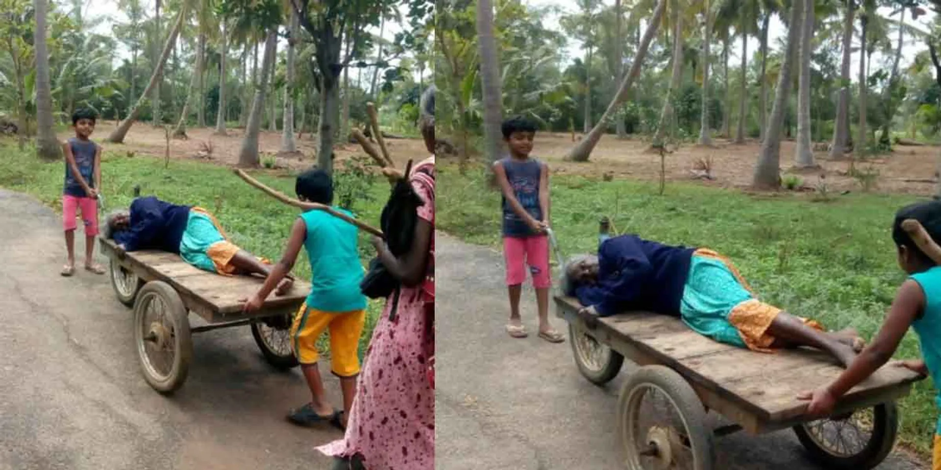 The humanity of the boys who dragged the bereaved grandmother in a tow cart!