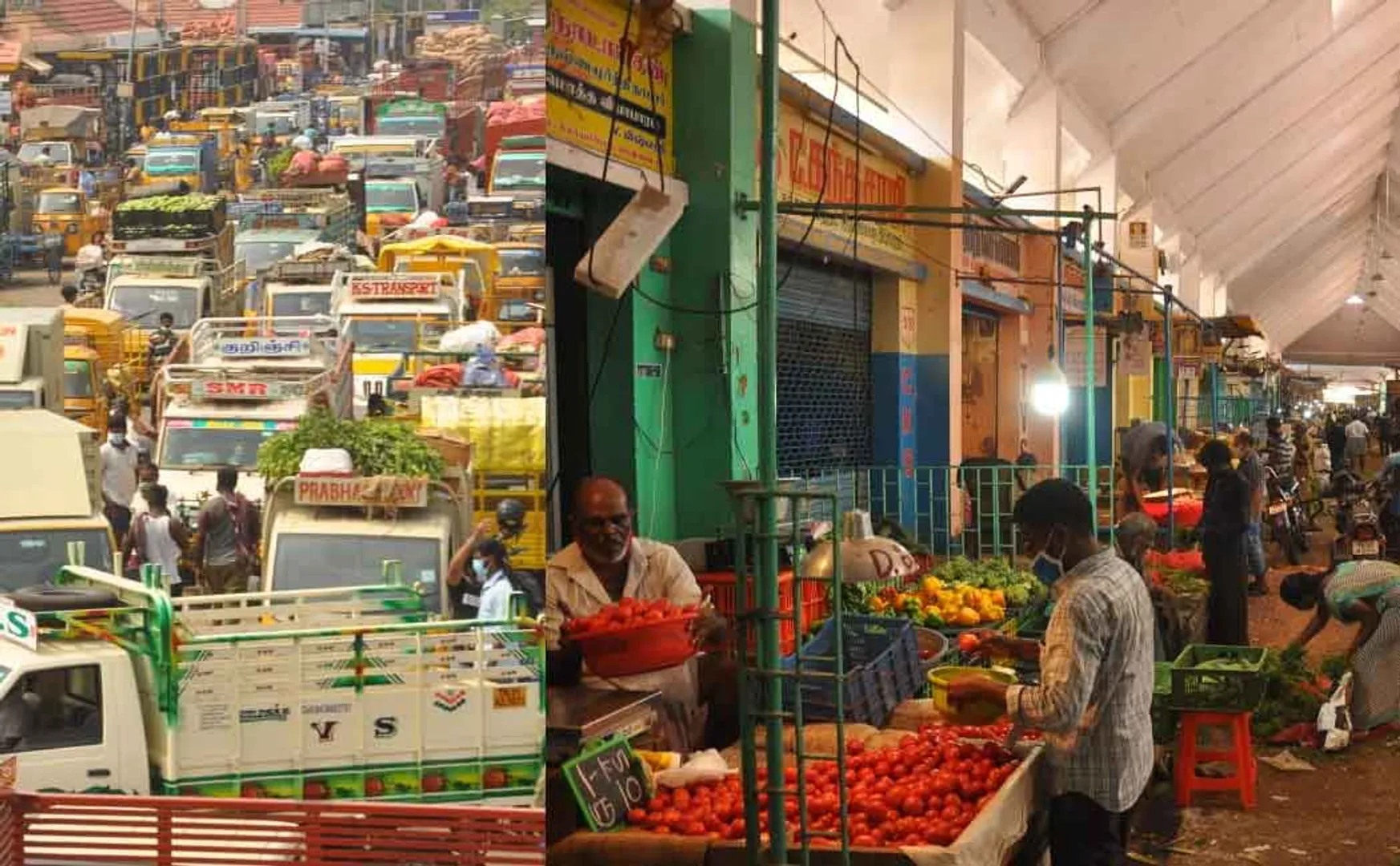 Crowd on one side, deserted market on the other side