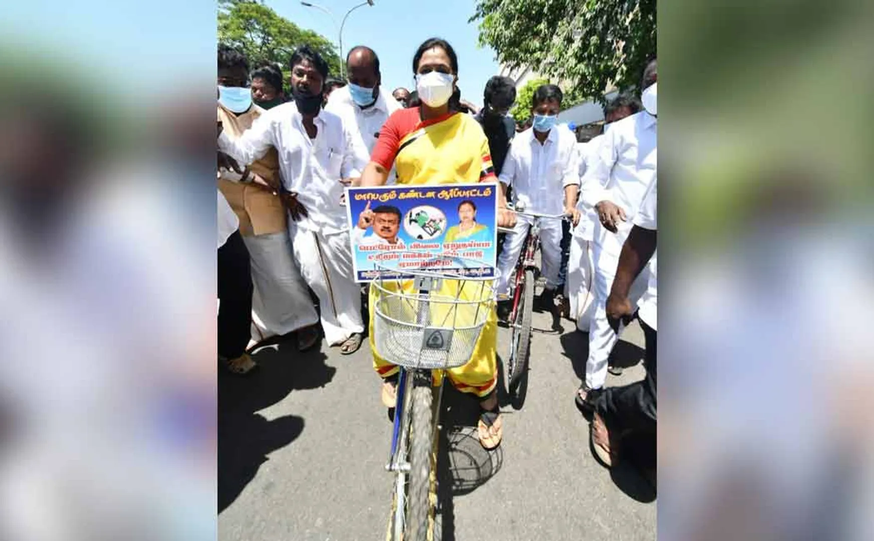 Premalatha Vijayakanth ride Cycle and condolence for petrol diesel price hike 