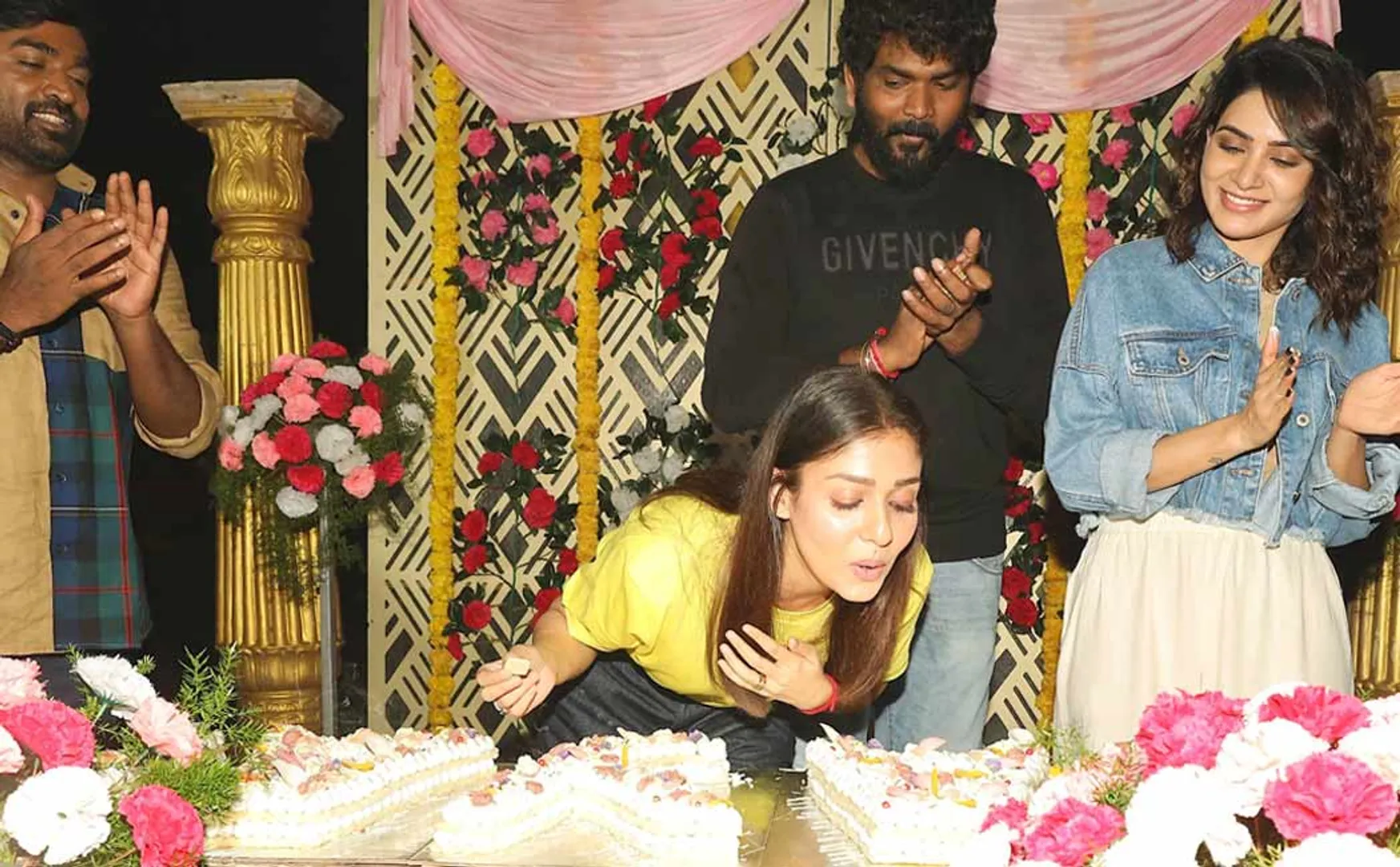 Nayanthara celebrates her birthday with kaaththuvaakkula rendu kaadhal movie team