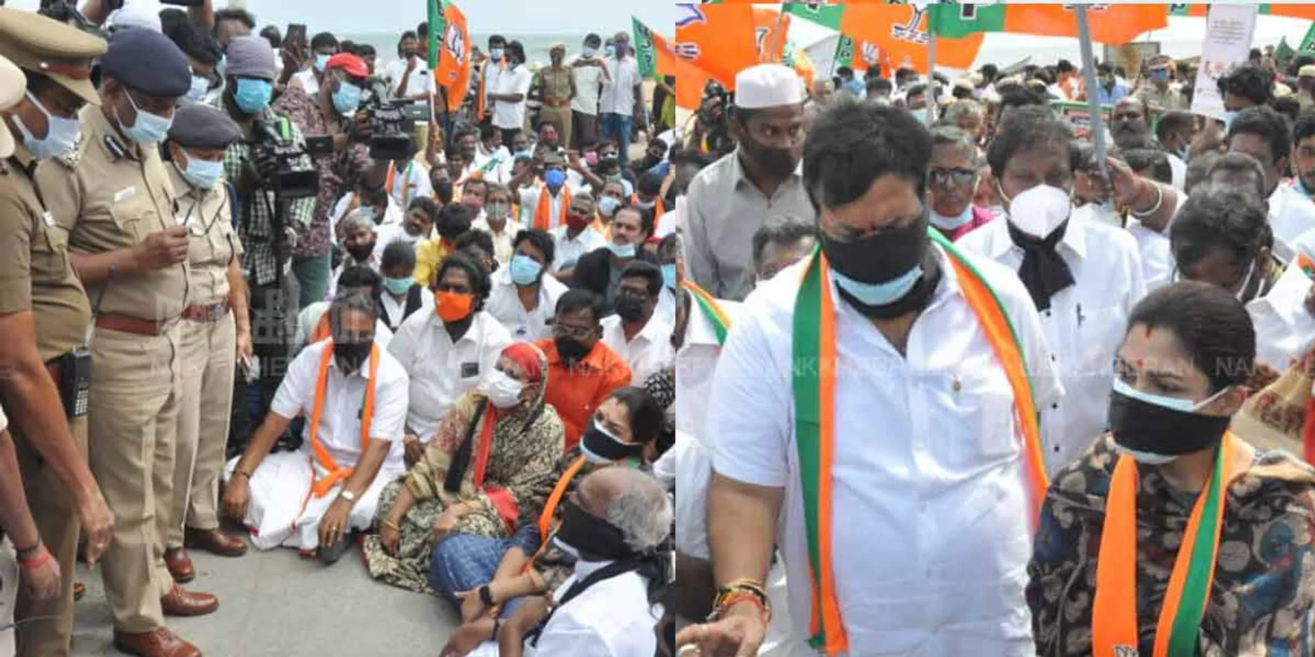 BJP's Khushboo and others struggle by covering their mouths with black cloth ... Police concentrate in Pattinambakkam!