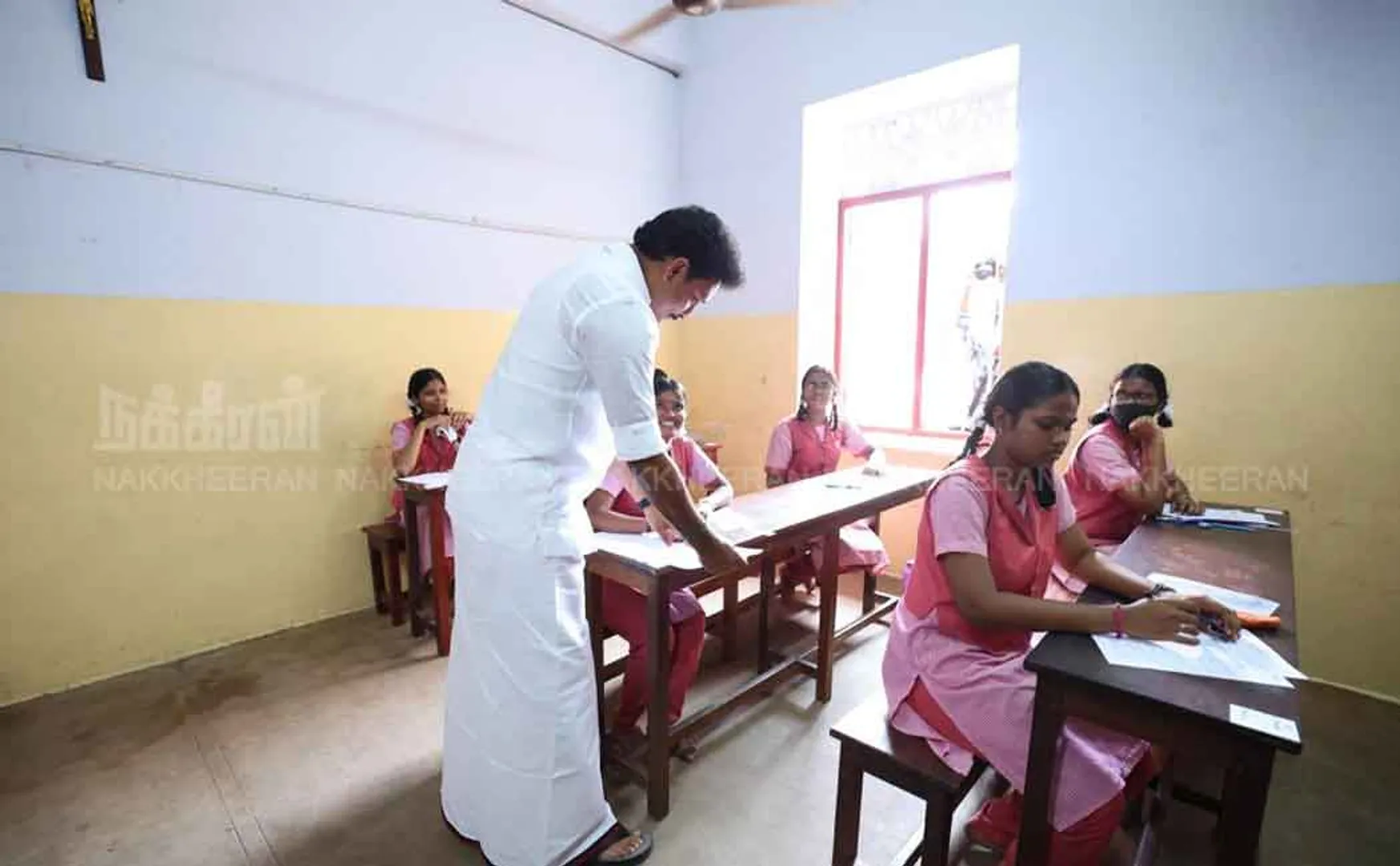 Minister Anbil Mahesh met school students those attending their board exam 