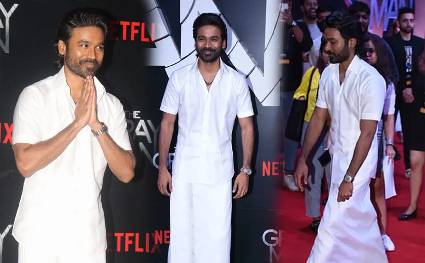 Dhanush dons traditional Veshti Netflix The Gray Man premiere Mumbai