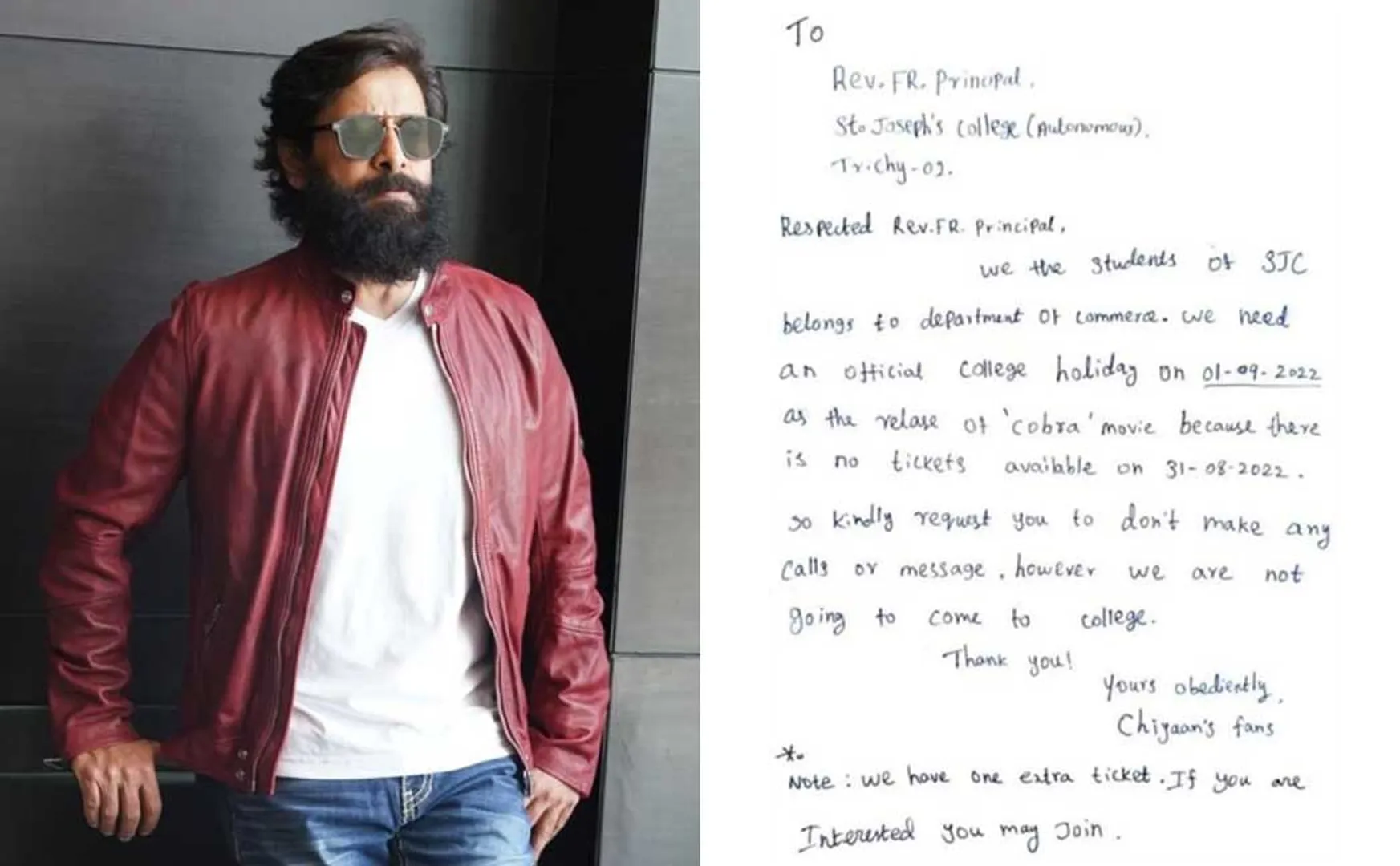 college student who wrote a letter to the college principal for vikram cobra release