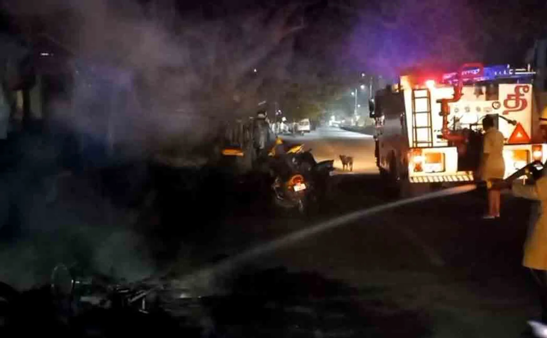 A two-wheeler caught fire in the middle of the night