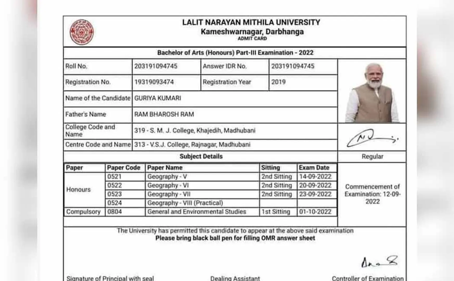 Hall ticket for students with photo of PM Modi