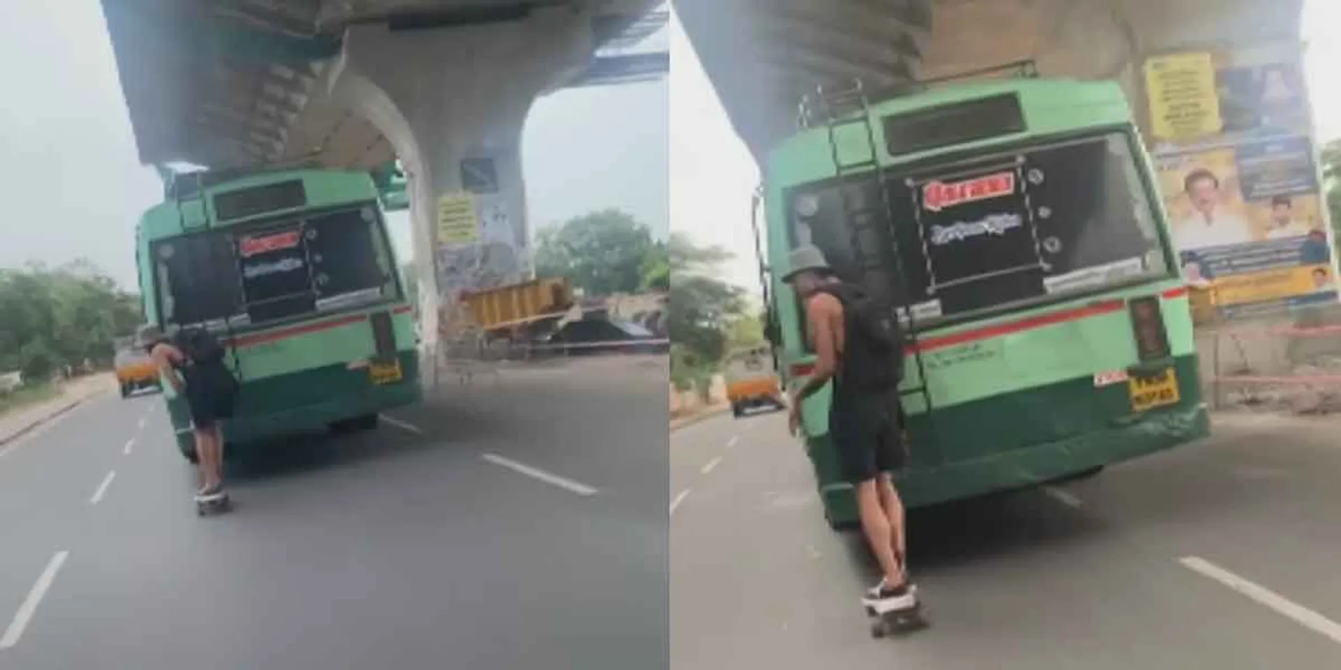  Skating ride holding the back rail of a government bus... a viral foreigner