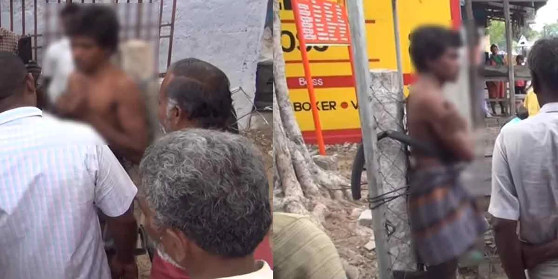  The young man who tried to steal by jumping over the wall... was tied to a stone pillar and attacked by the public