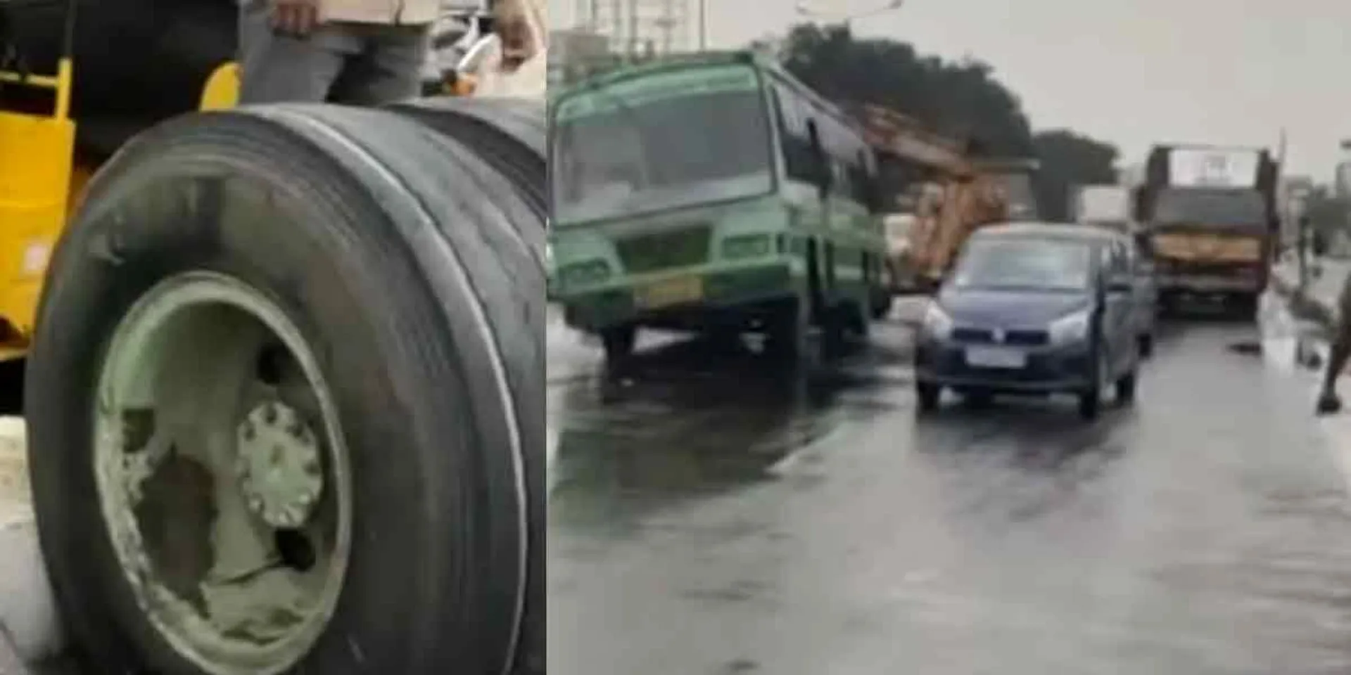  A broken wheel... a bus leaning in the middle of the road
