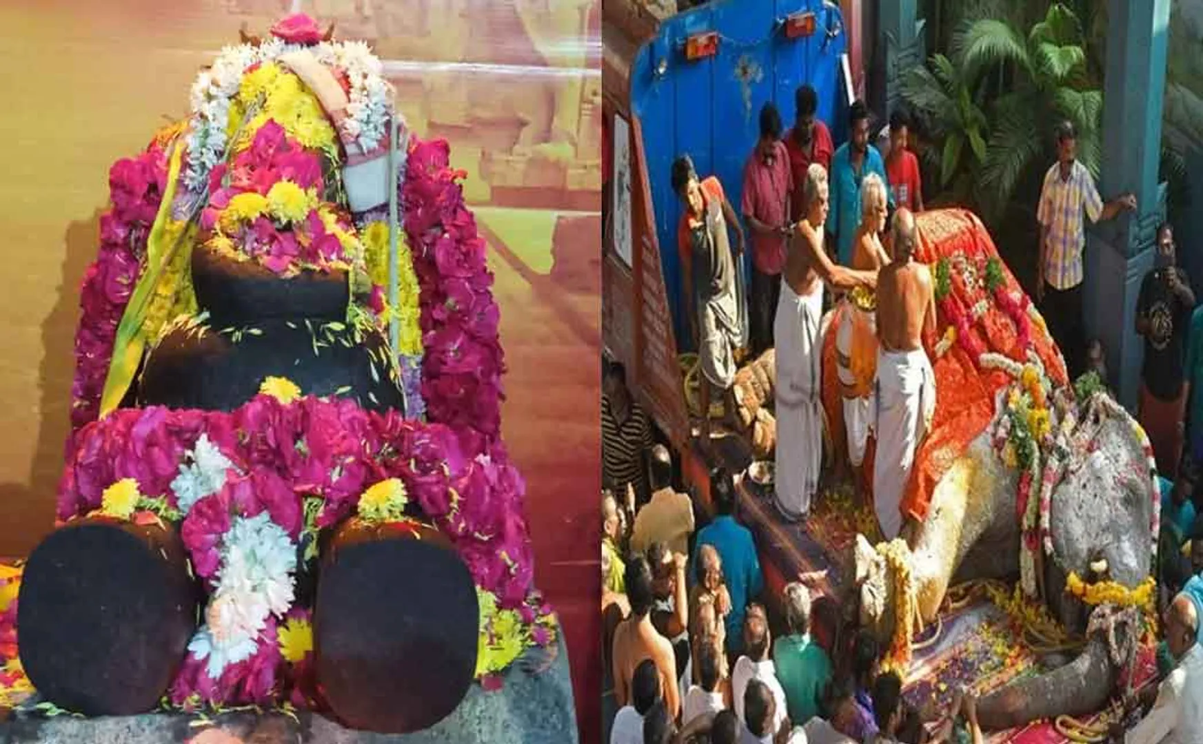 People worshiping the statue of lakshmi eliphant  "Lakshmi, the beloved daughter of Puducherry"